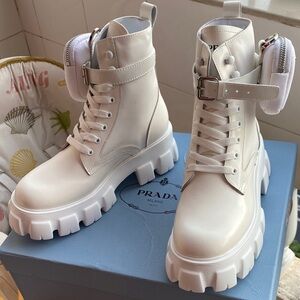 Women's Prada Ivory Lace-Up Chunky Sole Combat Boots (EU 39)